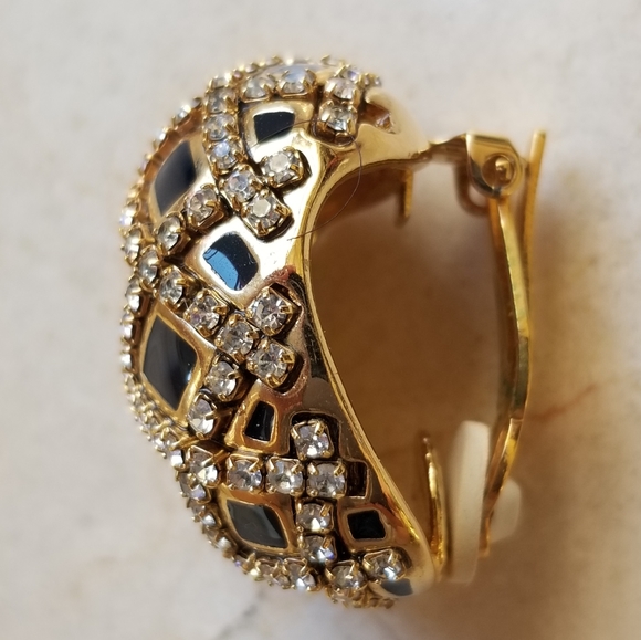 NWT St. John blk. epoxy, rhinestones, gold clip earrings. - Picture 2 of 10